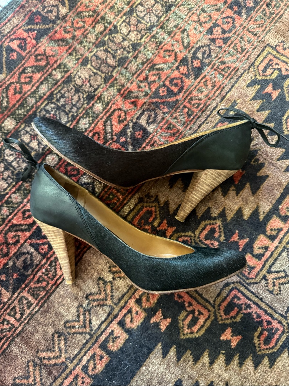 Classic Women's Black Calf-Hair Pump with Natural Wood Heel